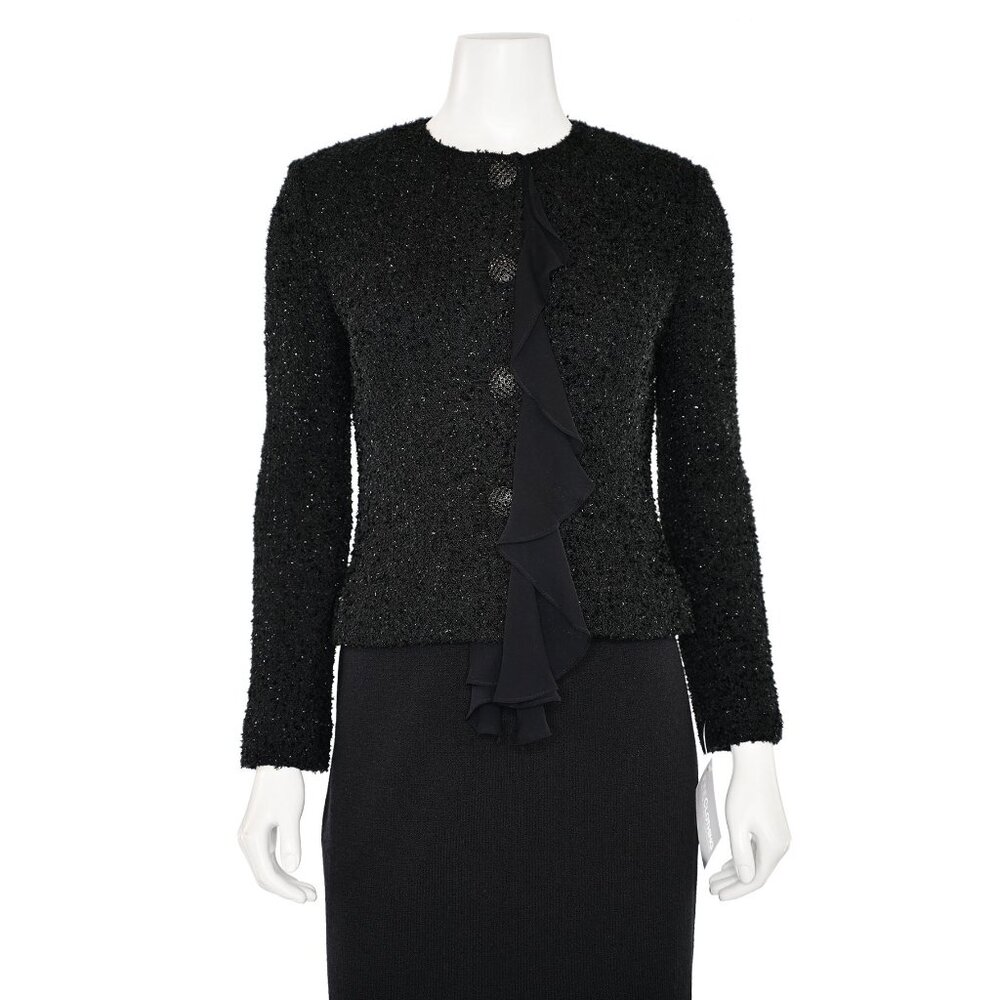 St. John Knits Glitter Knit Jacket w/ Ruffle in Caviar Shimmer sz 2